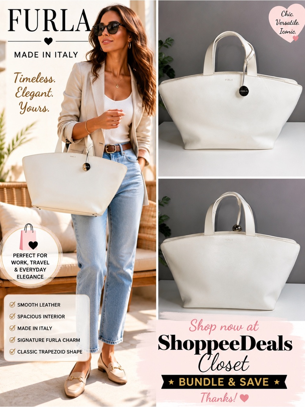 Furla White Smooth Leather Trapezoid Tote Bag Made in Italy Shoulder Handbag